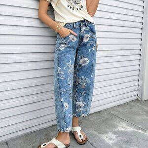 Blue Casual Women's Floral Print Jeans with Slant Pocket